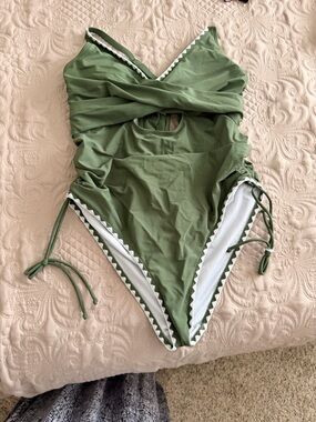 Olive Green One-Piece Swimsuit with Contrast Trim